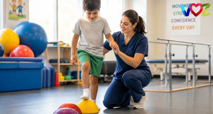 A physical therapist working with a child with muscular dystrophy with balance | The Voz Institute | Pediatric Physical Therapists in Washington DC